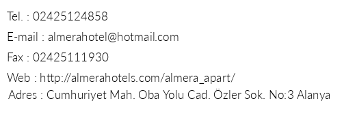 Almera Apart Hotel telefon numaralar, faks, e-mail, posta adresi ve iletiim bilgileri